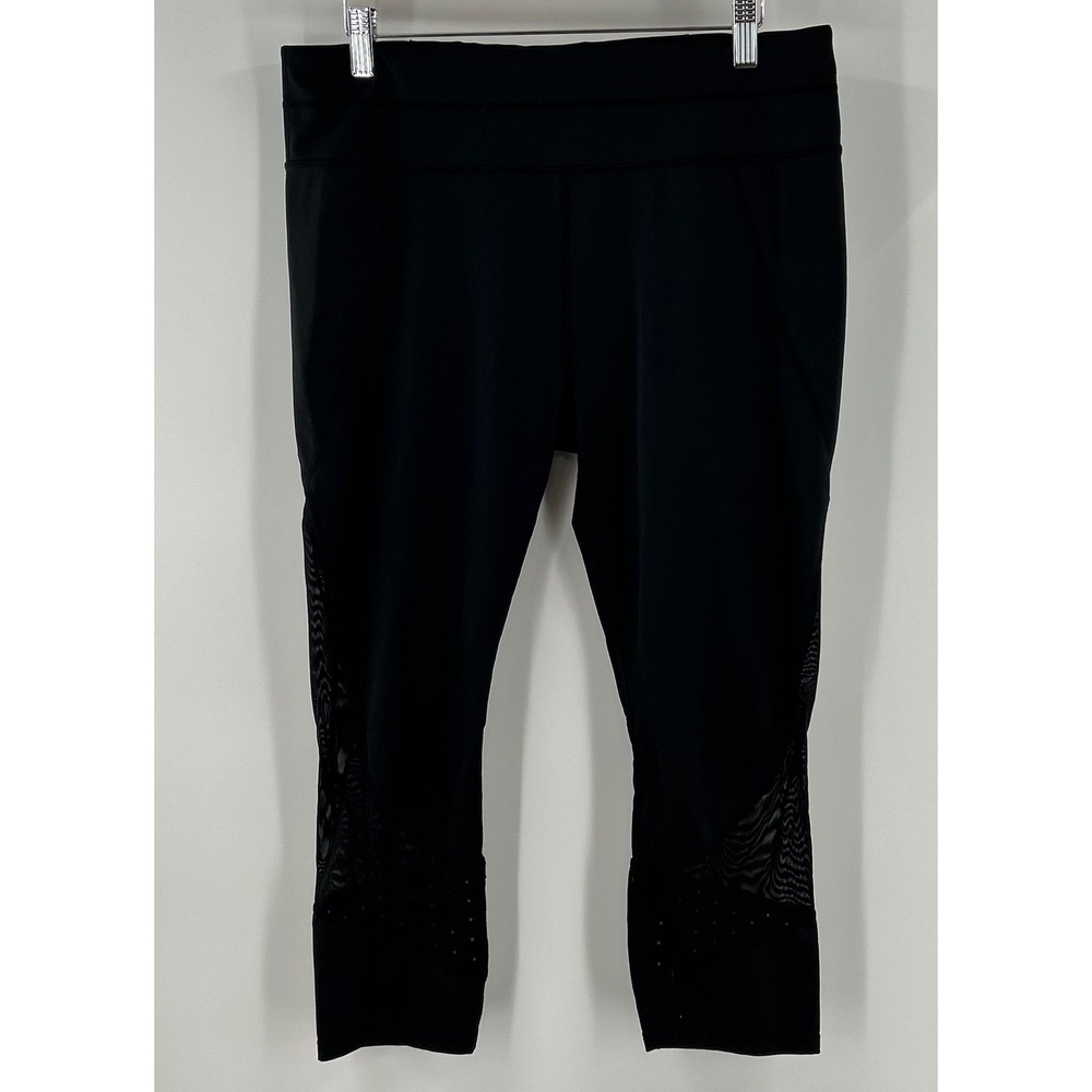 Athleta Womens‎ Black Mesh Panel Perforated Crop Leggings Large Zipper Pocket
